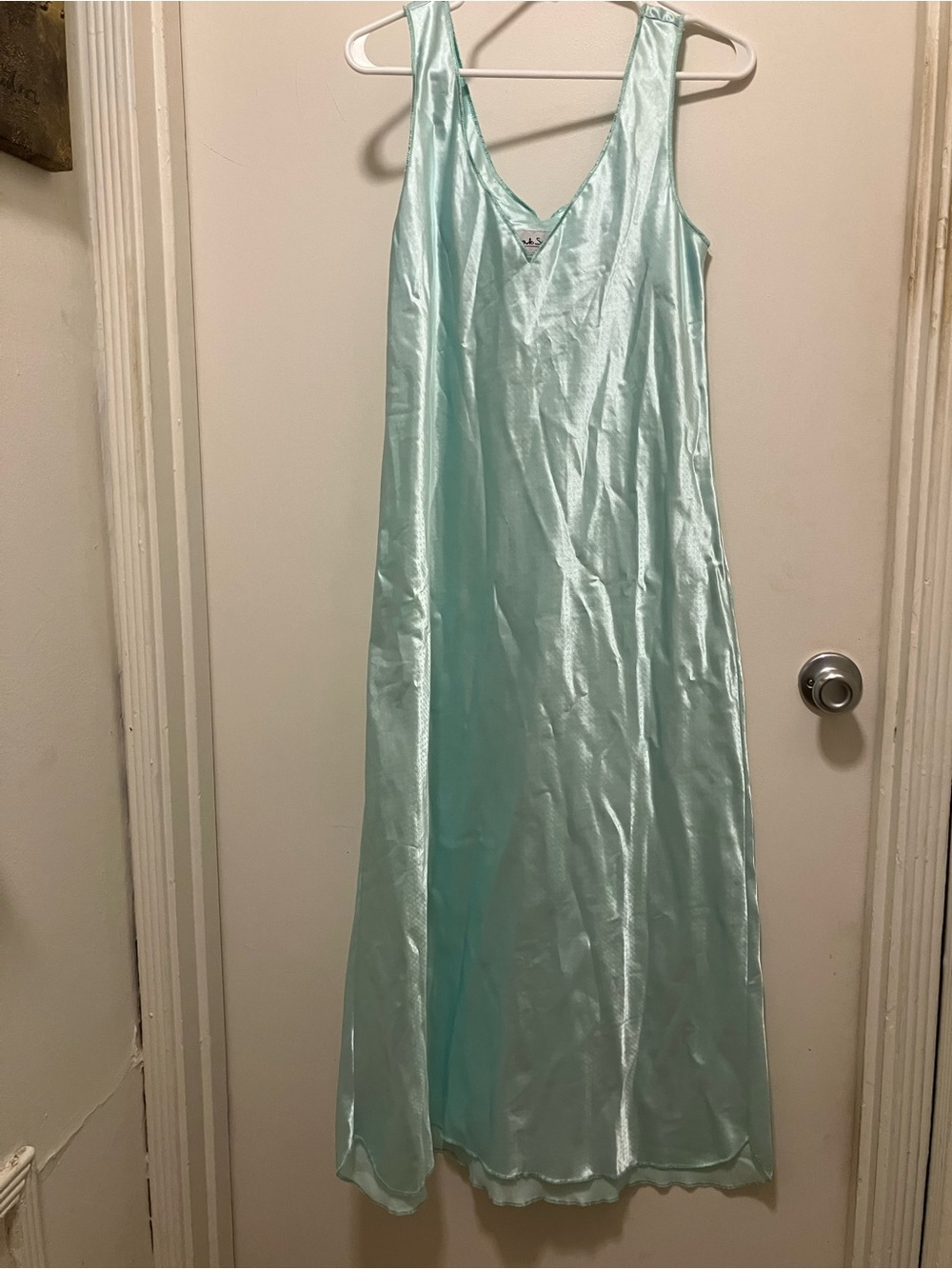 Vintage Fernando Sanchez Squette Aqua Blue Satin Maxi Nightgown Slip Dress